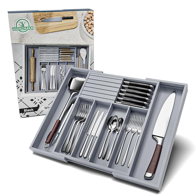 Large Utensil Drawer Organizer with Divider - Removable Kitchen Knife Holder Bamboo Adjustable Flatware Organizer for Drawer W12.8-20.2" x L16 x H2 (Grey)