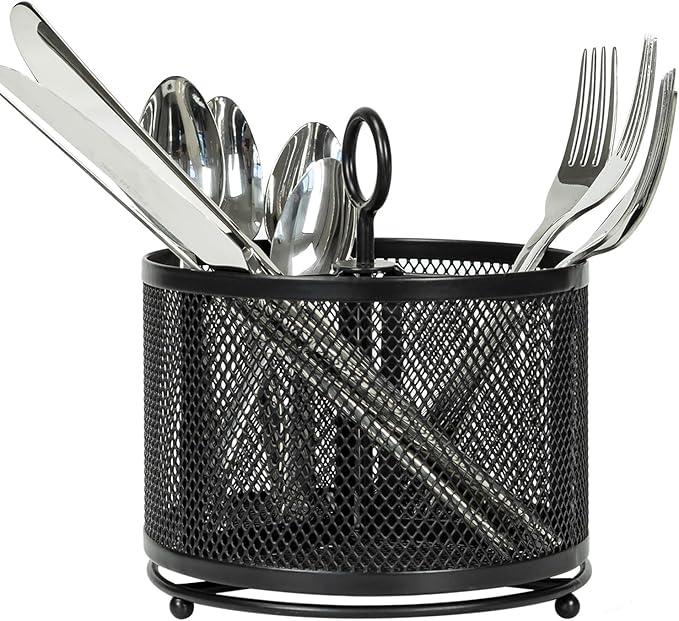 Metal Utensil Holder Silverware Cutlery Caddy for Kitchen Countertop Rotating 3 Compartment Flatware Organizer Spoon Fork Storage for Outdoor Party Picnic Buffet Camping Black
