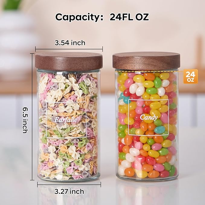 Glass Storage Jars with Labels, 6 Pack -24oz Clear Glass Food Storage Containers with Airtight Acacia Lid,Kitchen Canisters for Candy,Cookie,Rice,Sugar,Flour,Pasta,Nuts and Spice Jars