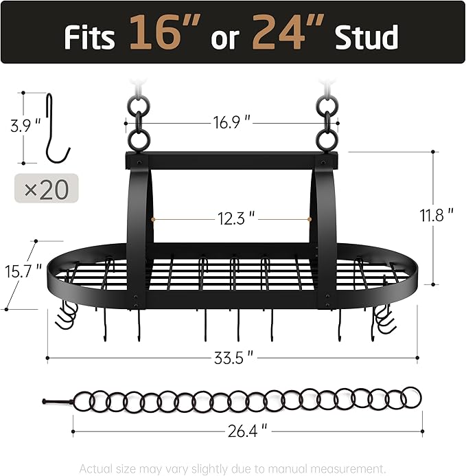 KES Ceiling Pot Rack 34-Inch Hanging Pot Rack for Kitchen Oval Pot and Pan Rack Matte Black Pot Hanger with 20 S Hooks (For 16" and 24" Stud Mount), KUR221S85-BK