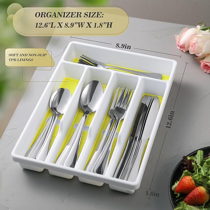 20-Piece Silverware Set with Organizer,Heavy Duty Stainless Steel Flatware Cutlery Tableware Set for 4,Includes 5-Compartment Silverware Tray with Cutlery Icons,First Apartment Kitchen Essentials