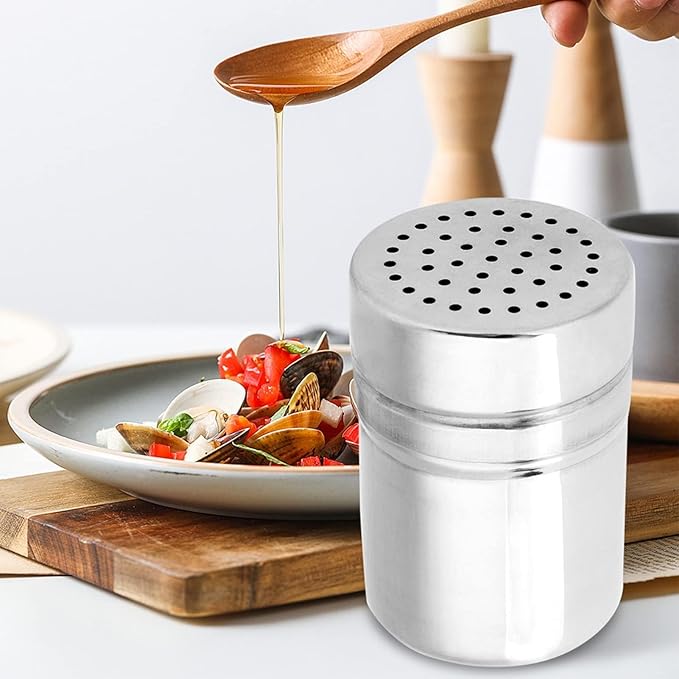 Set of 2 Stainless Steel Dredges, Stainless Steel Pepper Salt Shakers Metal Spice Shaker Large Holes Spice Dispenser Condiment Jar Kitchen Shakers Sugar Shaker for Cooking Kitchen Baking(M)