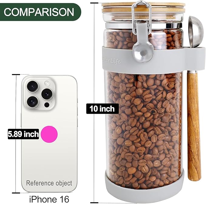 KKC HOME ACCENTS Airtight Glass Coffee Beans Storage Container with Scoop for Ground Coffee or Beans,Air Tight Sealed Glass Jar Canister with Clamp Lid for Loose Tea,Brown Sugar,Nut,50 Fluid Ounce