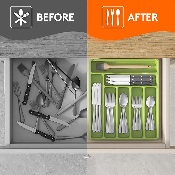 Lifewit Silverware Drawer Organizer Tray, Plastic Cutlery Storage for Kitchen Drawer, Flatware and Utensil Holder Divider for Spoons Forks Knives Tableware, 7 Compartment, Green