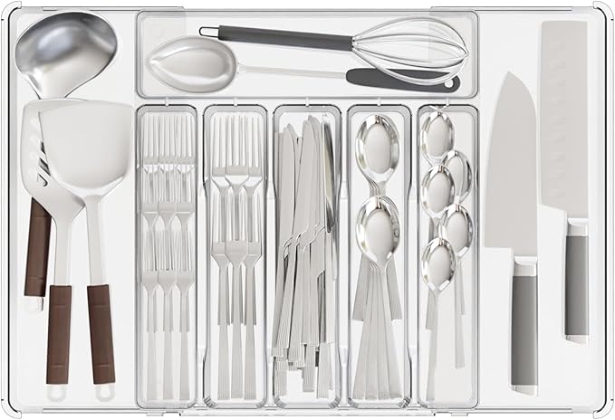 Yieach Clack Expandable Silverware Organizers for Kitchen Drawers,Large 8 Grid Silverware Tray and Cutlery Drawer Organizer,BPA Free Kitchen Utensil Organizer for Knife,Spoons Forks Set Flatware Tray