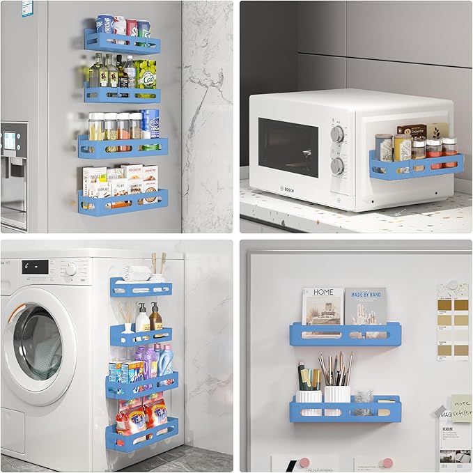 4 Pack Magnetic Spice Rack for Refrigerator, Spice Rack Organizer, Moveable Magnetic Shelf Fridge Organizer with 4 Hooks for Kitchen and Oven Organization, Blue