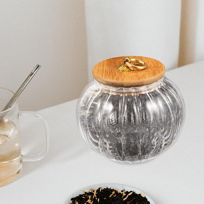PRETYZOOM Glass Pumpkin Jar with Airtight Lids, 800ml Clear Canister, Pumpkin Shaped Candy Jar, Kitchen Countertop Food Storage Jar for Sugar, Coffee, Loose Tea
