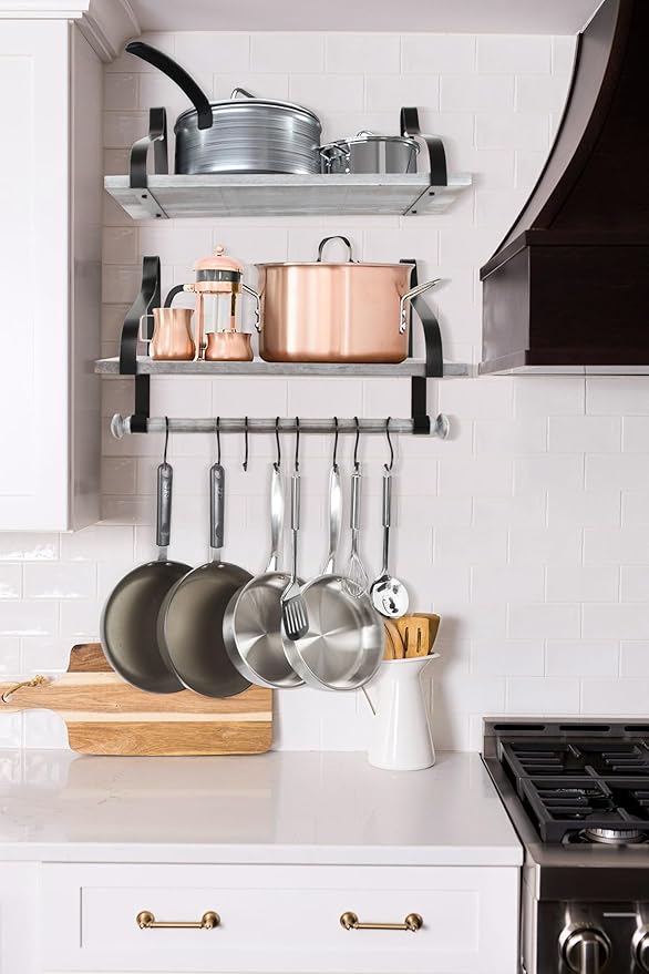 Gurfury Wooden Hanging Pot Rack with 8 hooks - Farmhouse Style Wall Mount Multifunctional Cookware Organizer Rack Kitchen Storage for Pans Utensils (New White)