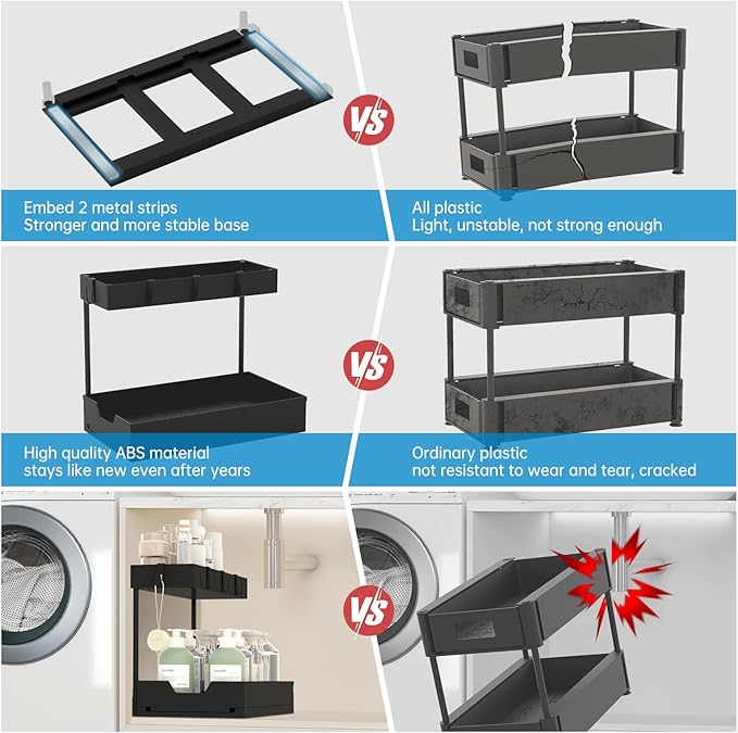 NATURE'S SOURCE 2-Tier Under Sink Organizer L-Shape Pull Out Cabinet Organizers Narrow Space Sink Shelf Storage Shelves Multi-purpose Organization Drawer for Bathroom Kitchen Pantry, 15.5 Inch, Black
