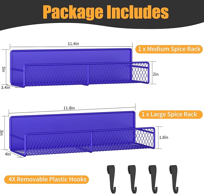 Magnetic Spice Rack for Refrigerator, 2 Pack Metal Magnetic Shelf, Moveable Spice Organizer with Hooks, Super Magnetic Fridge Shelf for Kitchen Organization and Storage, Purple Blue