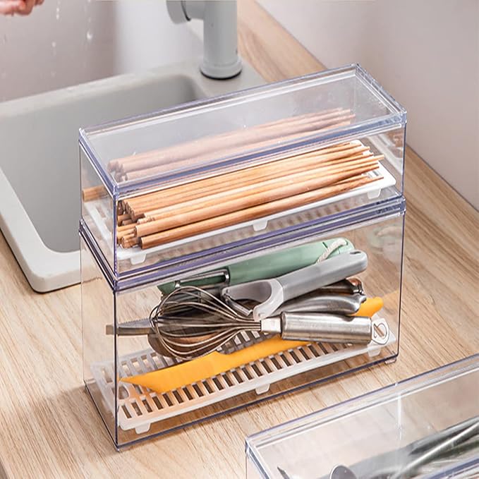 Large Transparent Flatware Tray Kitchen Drawer Organizer With Lid and Drainer - Plastic Kitchen Cutlery Tray and Utensil Storage Container with Cover - Dust-proof Dinnerware Holder