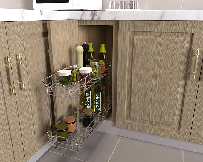 OCG Slide Out Cabinet Organizer for Narrow Cabinet (7" W X 17" D), 2 Tier Pull Out Shelves Slim Sliding Cabinet Organizer and Storage, Chrome