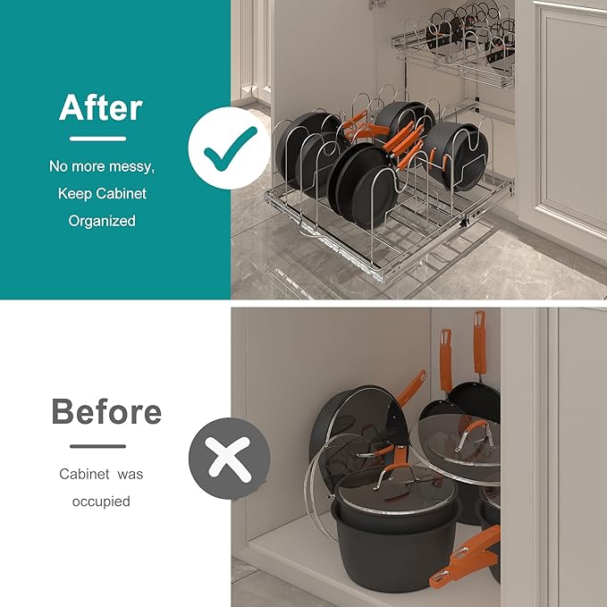TQVAI Pots and Pans Organizer Expandable Pot Lid Holder Pull Out Kitchen Cabinet Organizer Sliding Pantry Shelves, Cabinet Request at Least 23.5" W x 23.5" D x 23.5" H, Chrome