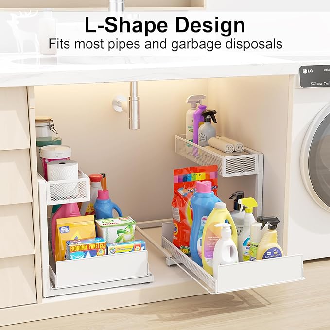 2 Pack Under Sink Organizer and Storage, 2 Tier Pull Out Cabinet Organizer, Slide Out Under Sink Storage Shelf, Undersink Organizers Shelves for Kitchen Bathroom Pantry Organization (White)
