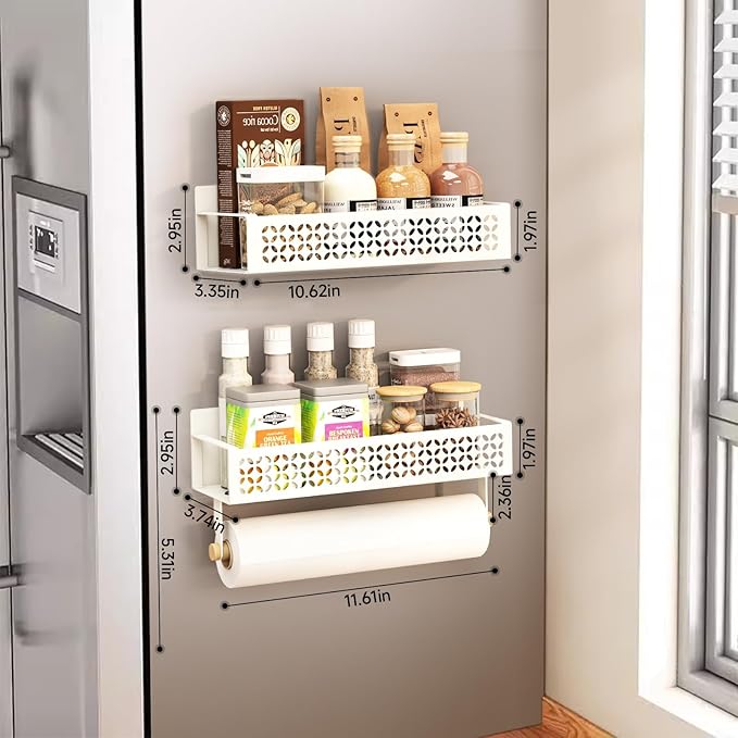 2 Pack Magnetic Spice Rack for Refrigerator with Upgraded Paper Towel Holder,Moveable Magnetic Shelf Fridge Organizer for Kitchen Organizer Storage (White)