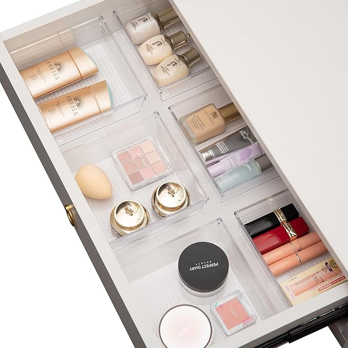 Backerysupply Clear Plastic Drawer Organizer Tray for Vanity Cabinet (6"×6"×2",Set of 8),Storage Tray for Makeup, Kitchen Utensils, Jewelries, and Gadgets…