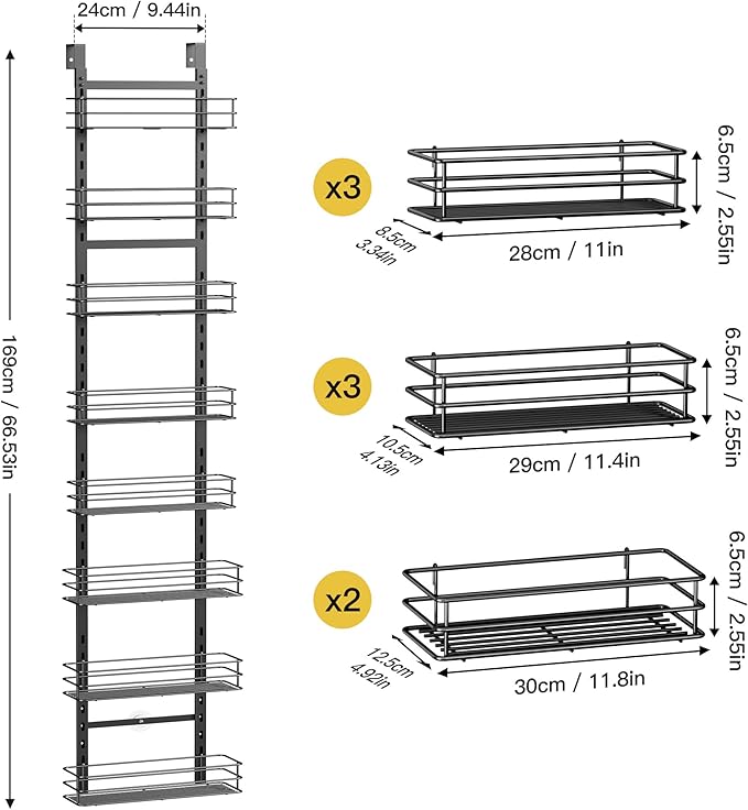 Pantry Door Organizer 12 Inch Wide, 8 Tier Hanging Adjustable Over the Door Spice Rack For Narrow Space,Matt Black