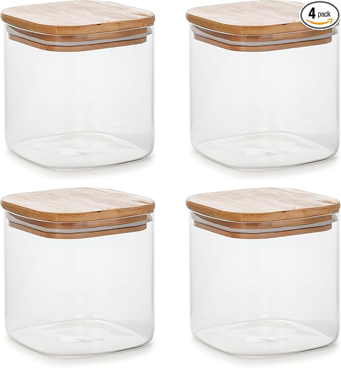18.6oz Square Borosilicate Glass Canister With Bamboo Lid, Airtight Pantry Storage Jar Containers Ideal for Rice, Candy, Sugar, Flour, Nuts, Cookies and Coffee Beans (4 Pack)