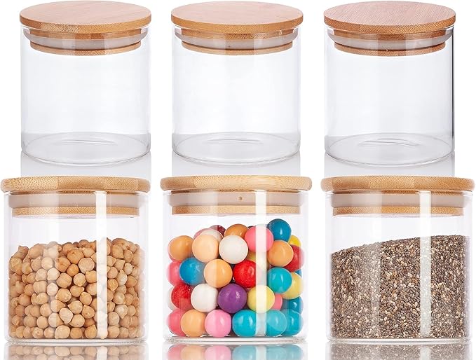 JUVITUS 10 oz Clear Glass Borosilicate Jar with Bamboo Silicone Sealed Lid (6 Pack) Nuts Spice or Kitchen Storage