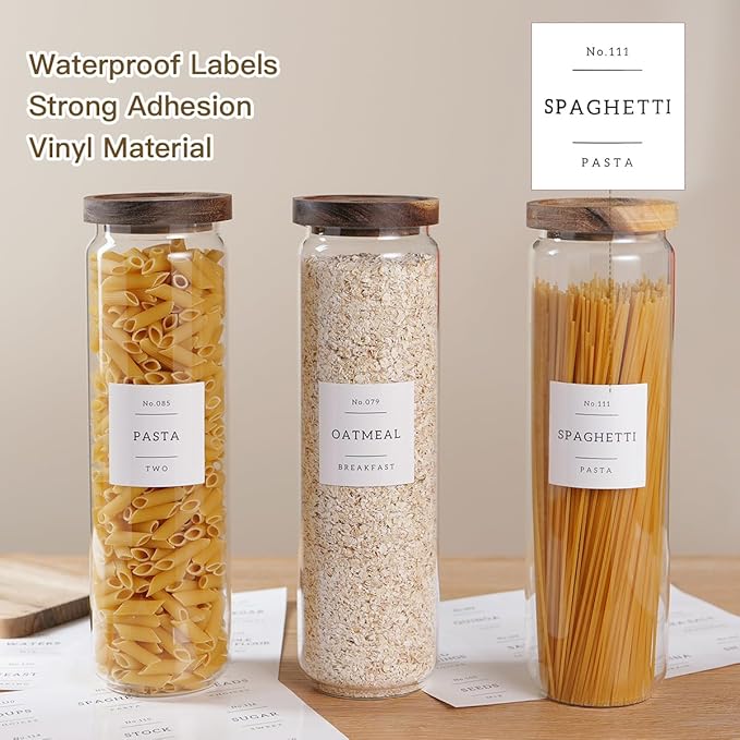 3 Set Glass Pantry Storage Jars with Acacia Airtight Lid - 50oz Thicken Glass Kitchen Canisters with 132 Pantry Labels - Tall Glass Food Storage Containers with Wood Lid for Pasta,Spaghetti,Cereal