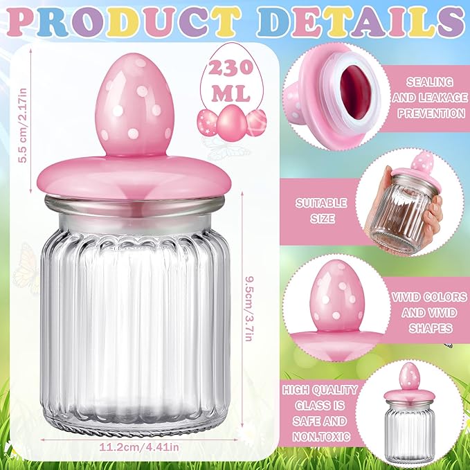Nitial 4 Pcs Easter Glass Jar with Cap Bunny Rabbit Egg Shape Clear Candy Jar Decorative Food Storage Canister with Airtight Ceramic Lid for Eater Party Tea Cookie Table Decoration(7.8 oz,Easter Egg)