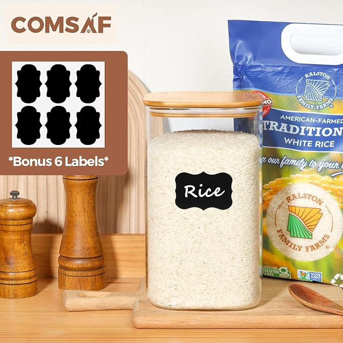 ComSaf 148 oz Glass Food Storage Containers, 1.2 Gallon Glass Flour and Sugar Containers with Lids, Large Square Glass Jars with Bamboo Lids for Rice, Pasta, Oats, Grains, Cookies, Coffee Beans