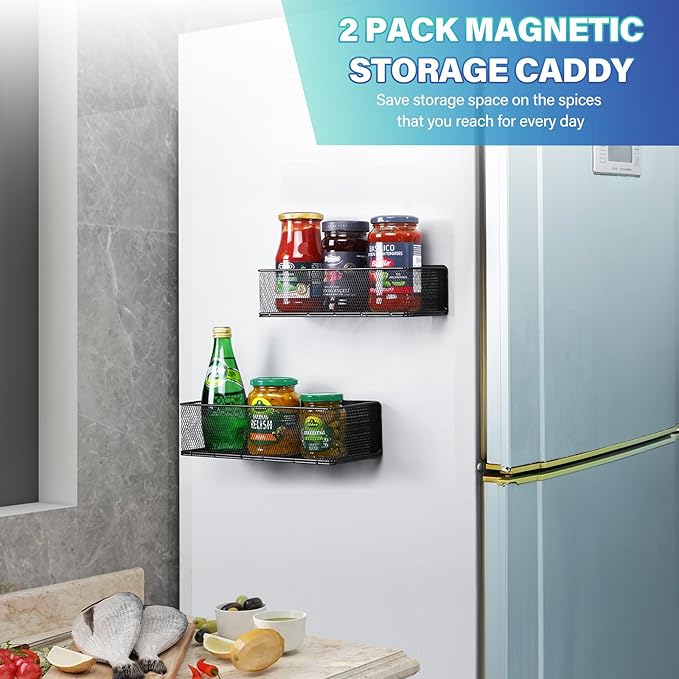 Magnetic Spice Rack for Refrigerator,2 Pack Magnetic Spice Rack for Kitchen Organization,Magnetic Spice Shelf Rack Organizer for Side of Refrigerator Fridge,Kitchen Storage Organizer,Black