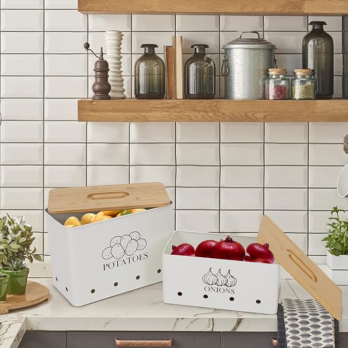 Potato Onion Kitchen Storage Canisters,Storage Bin For Kitchen 2 Pack Set,potatoe, Potato Storage Box,storage And Long Shelf Life With Aerating Tin Storage Holes-white