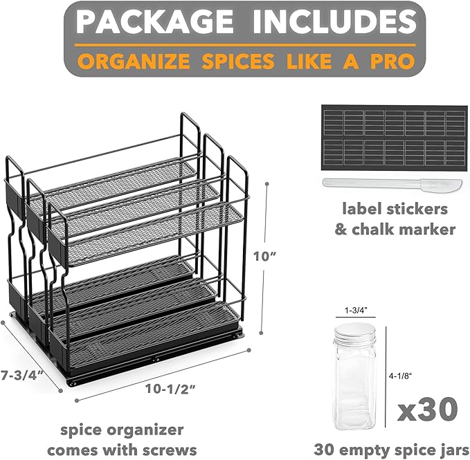 SpaceAid Pull Out Spice Rack Organizer with 30 Jars for Cabinet, Slide Out Seasoning Kitchen Organizer, Cabinet Organizer, with Labels, 7.7" W x10.75 D x10 H, 3 Drawers 2-Tier