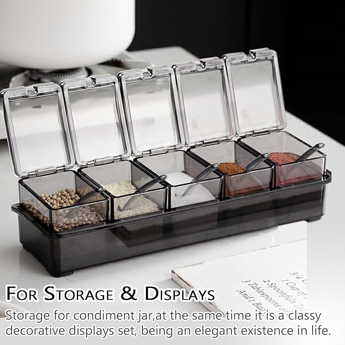 V·RESOURCING Clear Seasoning Box, 5 Pieces Clear Seasoning Storage Container for Spice Salt Sugar Cruet,Condiment Jars with Spoons