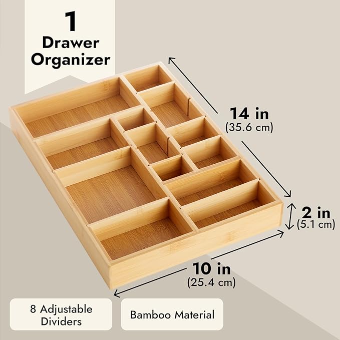 Juvale Bamboo Drawer Organizer Tray with 8 Adjustable Dividers for Kitchen Utensils, Cutlery (14 x 10 x 2 In)
