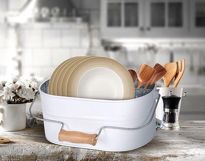 Alpha Living Home - Rustic Galvanized Metal Utensil Caddy – 4-Compartment Organizer with Removable Handle, White Farmhouse Chic Design for Kitchen, Picnics & Parties (13.5"x10"x5.5")