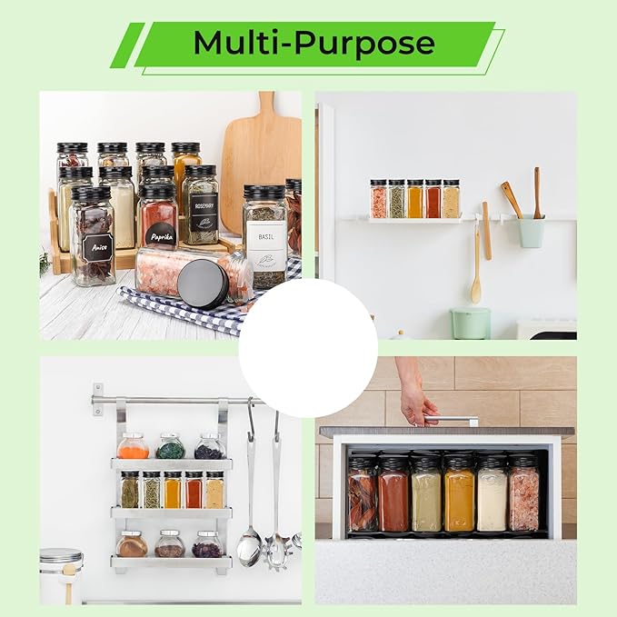 CycleMore 36 Pack 4oz Glass Spice Jars, Square Spice Containers with Black Metal Caps and Pour/Sift Shaker Lid-280pcs Labels,1pcs Silicone Collapsible Funnel and Brush Included