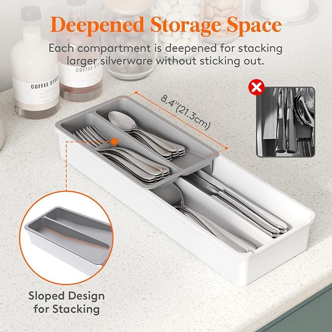 Lifewit Compact Silverware Organizer for Kitchen Drawer, Narrow Flatware Tray Holder, Plastic Cutlery Spoons, Forks and Knives Storage, White&Gray, 3 Pack