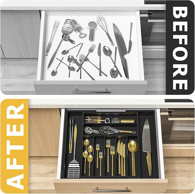 Utensil Organizer Silverware Drawer Organizer - Bamboo Expandable Cutlery Tray with Dividers for Utensil Holder Office Storage Makeup Desk Drawer Tool Organization W13.5"-19.5" x L17.5" x H2.5"(Black)