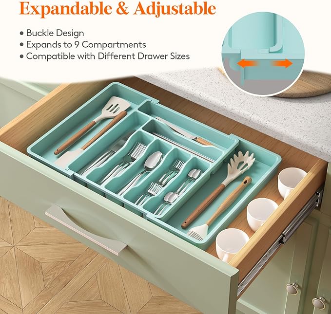 Lifewit Silverware Drawer Organizer, Expandable Utensil Organizer for Kitchen Drawers, Adjustable Cutlery and Flatware Tray, Plastic Spoons Forks Knives Holder Storage Dividers, Large, Turquoise