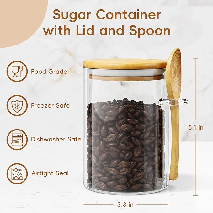 Sugar Jar Glass Salt Container,15 Ounces Clear Airtight Caning with Bamboo Lid and Spoon Scoop, Storage Overnight Oats, Salts, Coffee Bean, Spice, Creamer, Food Organizer, Pack of 1