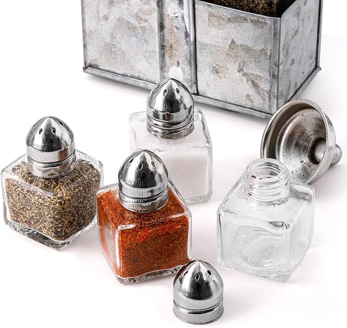 ZEAYEA Set of 24 Small Salt and Pepper Shakers, 0.5 oz Mini Glass Seasoning Jars with Funnel, Glass Cube Body Spice Shakers for Wedding, Party, Restaurant, Home Kitchen Supplies