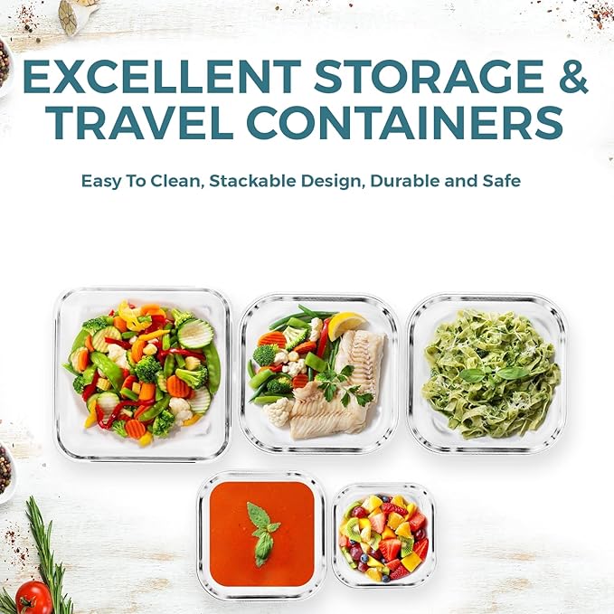 Razab 10 Pcs Glass Food Storage Containers with Lids โ 74, 40, 27 & 18 Oz | Glass Meal Prep Containers Reusable | Lunch Containers with Lids, BPA-free freezer storage