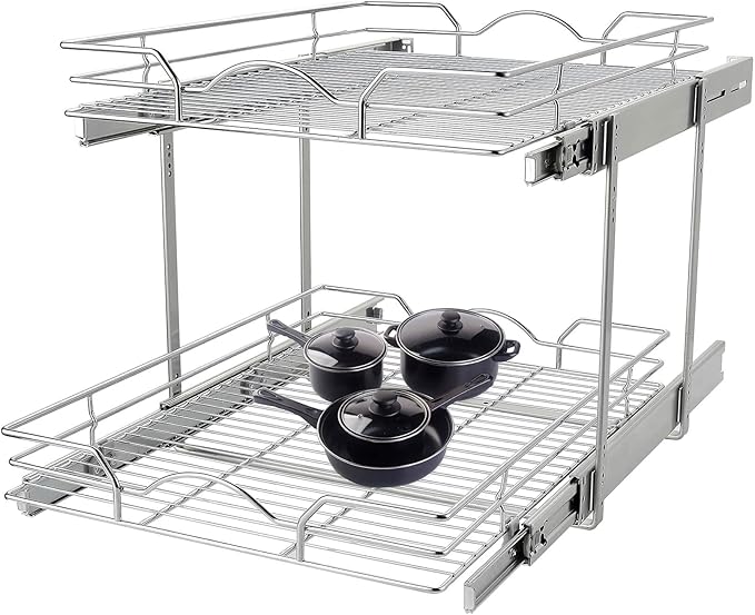 OCG 2 Tier Pull Out Cabinet Organizer (11" W x 21" D), Pull out Drawers for Kitchen Cabinets, Pull Out Shelves for Base Cabinet Organization in Kitchen Bathroom Pantry, Chrome Finish