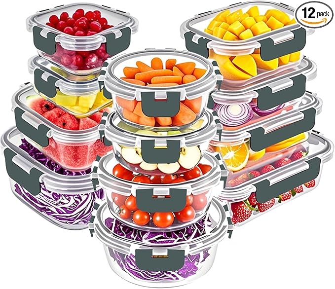 VERONES 24 Pieces Glass Food Storage Containers Set, Airtight Glass Lunch Containers, Glass Meal Prep Containers with Lids,Exclusive of BPA, for Microwave, Oven, Freezer & Dishwasher Friendly,Grey