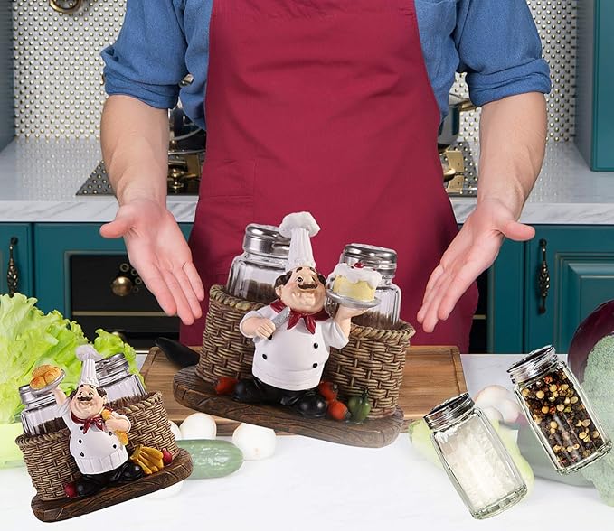 Salt and Pepper Shakers Set,Sitting Chef Decorative Statue Spice Organizer,Glass Spice Jars with Holder Figurine Gift for Family,Kitchen,Restaurant, Cafe,Bakery (Cake)