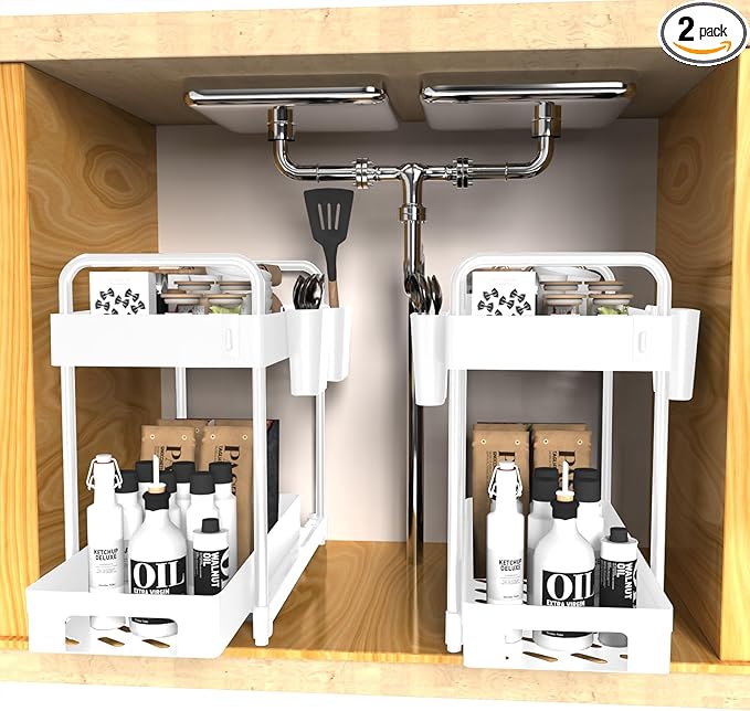 2 Pack Double-Layer Under Sink Organizer for Efficiently Utilizing Space, High Capacity and Space Saving, 2 Tier Sliding Under Sink shelf with 4 Hooks and a Cup Slot (White)
