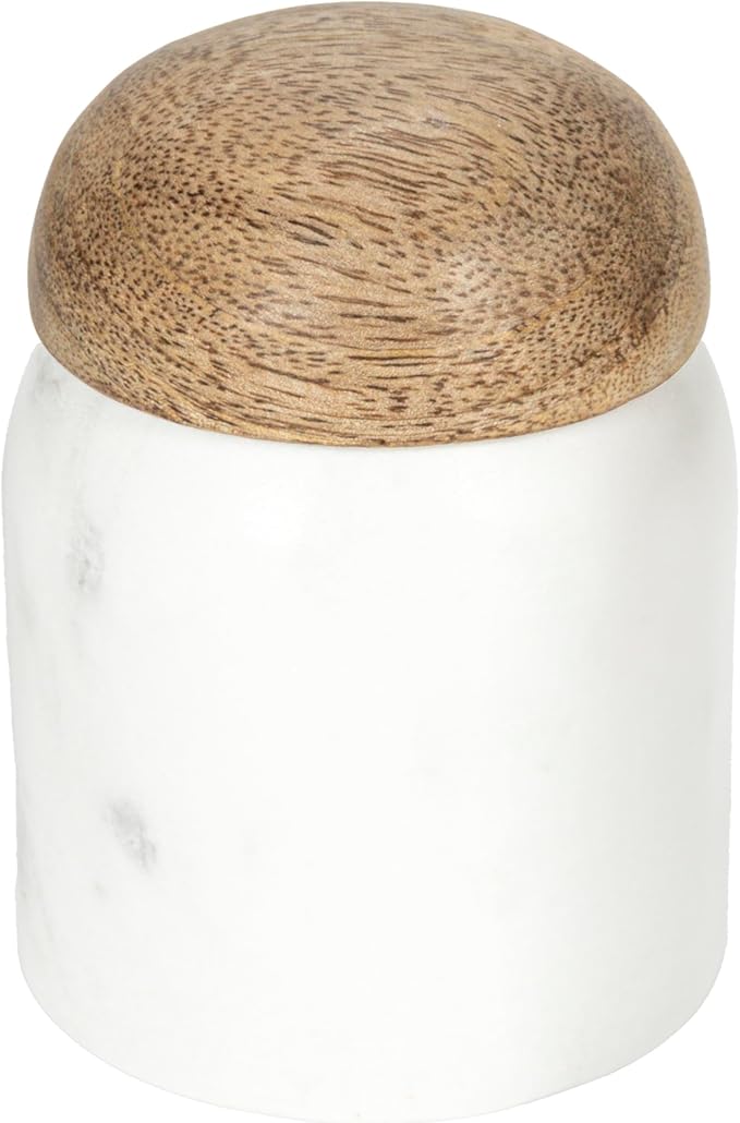 Creative Co-Op Marble and Mango Wood Pinch Pot with Lid, White and Natural