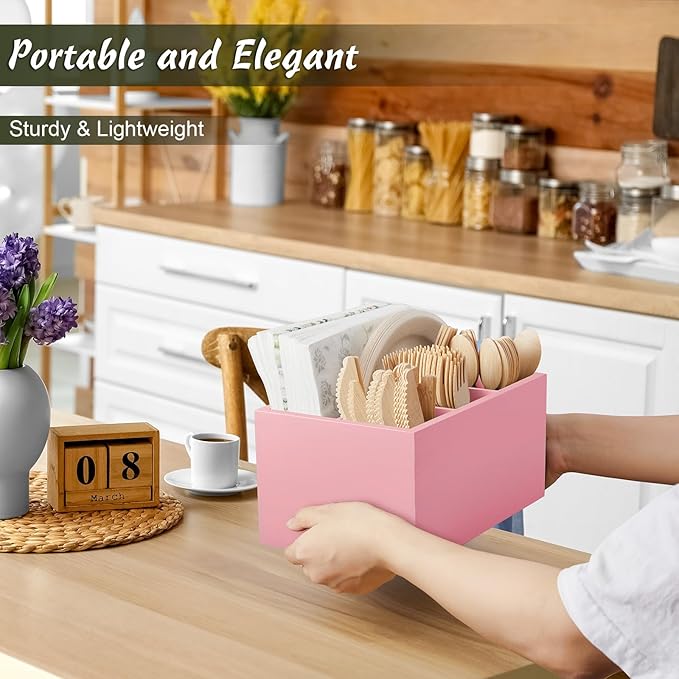 DRASTAR Utensil Caddy, Wooden Picnic Cutlery Organizer, Countertop Plastic Silverware Holder, Pink