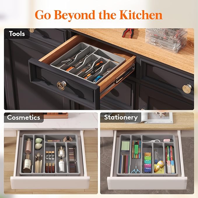 Lifewit Silverware Drawer Organizer Tray, Plastic Cutlery Storage for Kitchen Drawer, Flatware and Utensil Holder Divider for Spoons Forks Knives Tableware, 6 Compartment, Gray