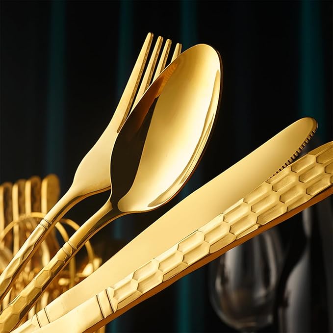 24 Piece Gold Silverware Set with Hanging holder-Service for 6,Stainless Steel Flatware Cutlery Set-Fork Spoon and Knife,Mirror Polished,Dishwasher Safe,Kitchen Utensil Tableware Set,Golden