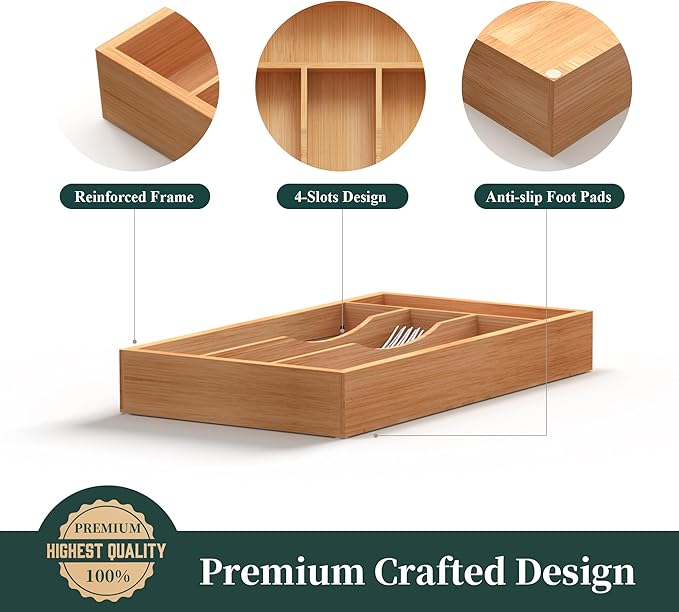 Small Silverware Organizer, Bamboo Kitchen Drawer Organizer, Utensil Holder, Cutlery Tray & Spoon Flatware Storage with Grooved Drawer Dividers