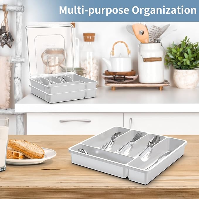 2 Layer Large Silverware Tray with Lid,Stackable Utensil Organizer for Countertop,Removable Tray for Flatware Organizer, White