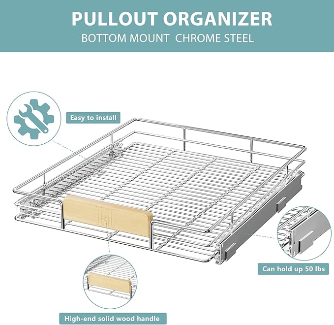 LOVMOR Pull Out Cabinet Organizer with Wooden Handle, 22½" W x 21½"Heavy Duty Cabinet Drawers Shelves Slide Out Organizer for Kitchen, Pantry